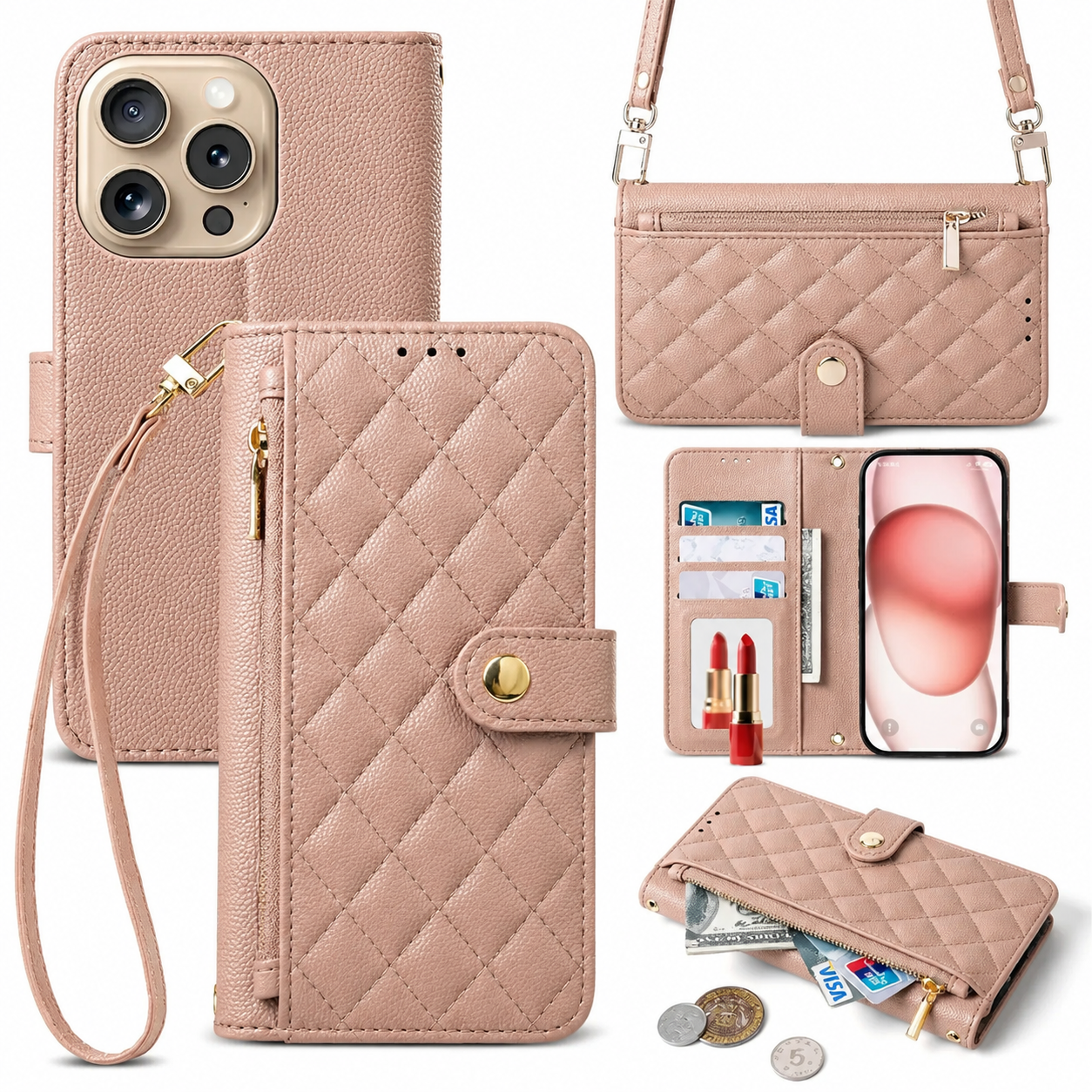 Premium iPhone Case Crossbody Leather Wallet Cover with Card Holder Lanyard Strap Anti Scratch Non Slip Protective PU Design